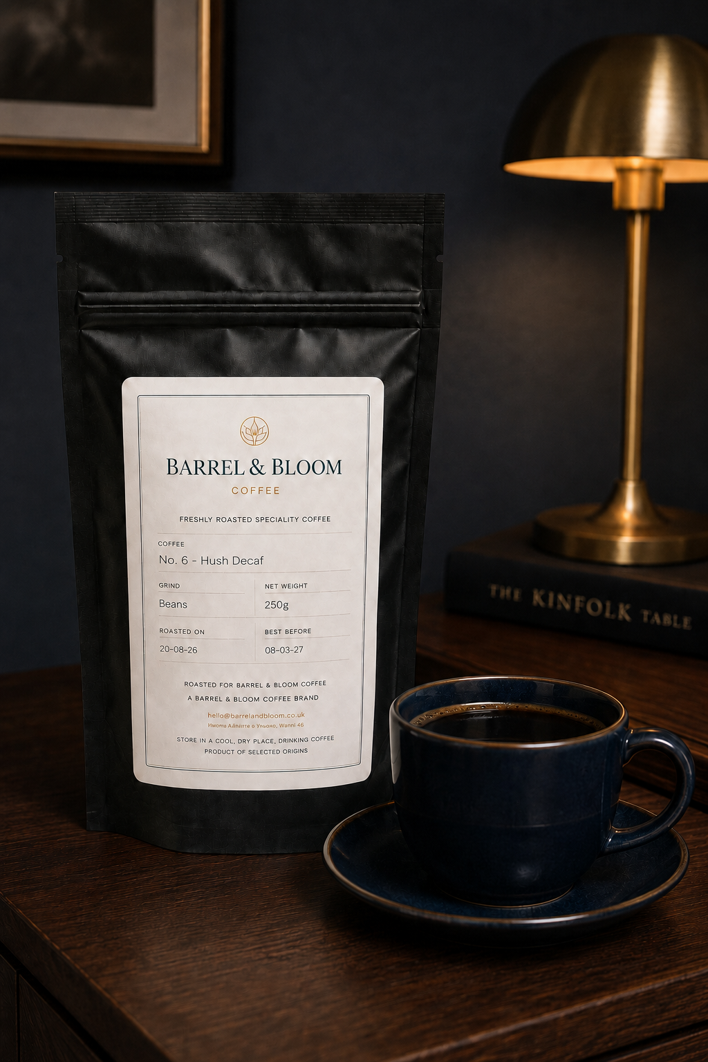 No. 6 - Hush Decaf coffee cup lifestyle from Barrel & Bloom Coffee