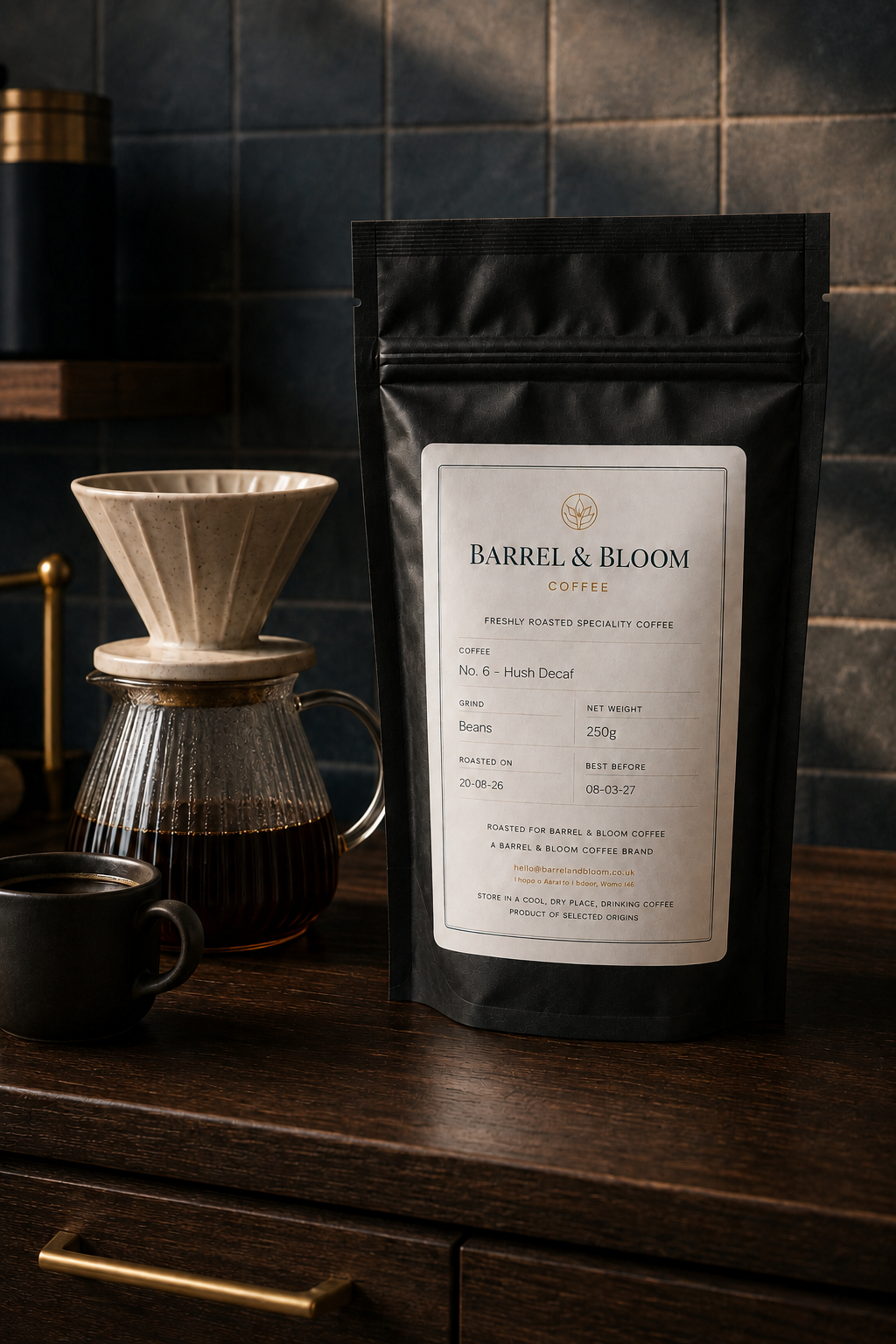 No. 6 - Hush Decaf pour-over brewing lifestyle from Barrel & Bloom Coffee